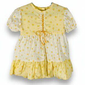 Vintage 70s Bloome de Jeune Fille Yellow Floral Puff Sleeve Dress Girls 3T